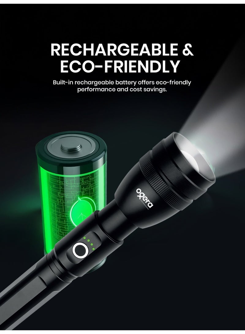 أوجيرا كشاف LED قابل لإعادة الشحن | كشاف تكتيكي فائق السطوع | سطوع عالي | بطارية 3SC طويلة العمر | شعاع قابل للتكبير | مقاوم للماء | مثالي للتخييم والمشي والمنزل وحالات الطوارئ | ضمان سنتين | OG1002SL | أسود - Image 2